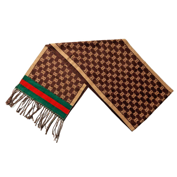 Gucci Brown & Tan GG Print w/ Green & Red Stripes Reversible Scarf Pre-owned - Picture 3 of 16